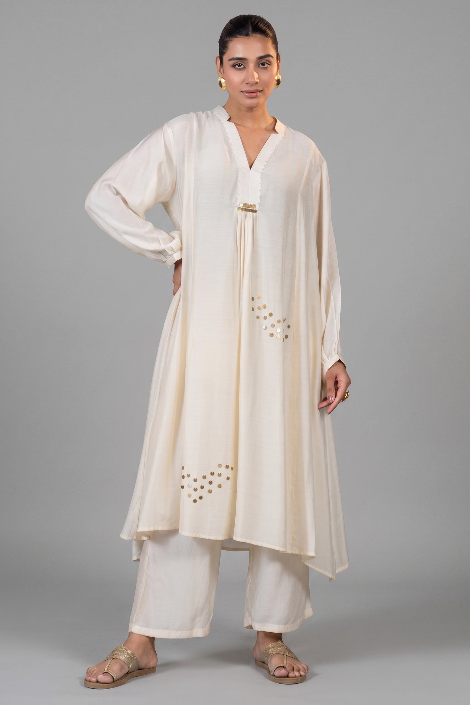 Ivory Cream Muslin Silk Co-Ord Set elegant contemporary silhouette front view