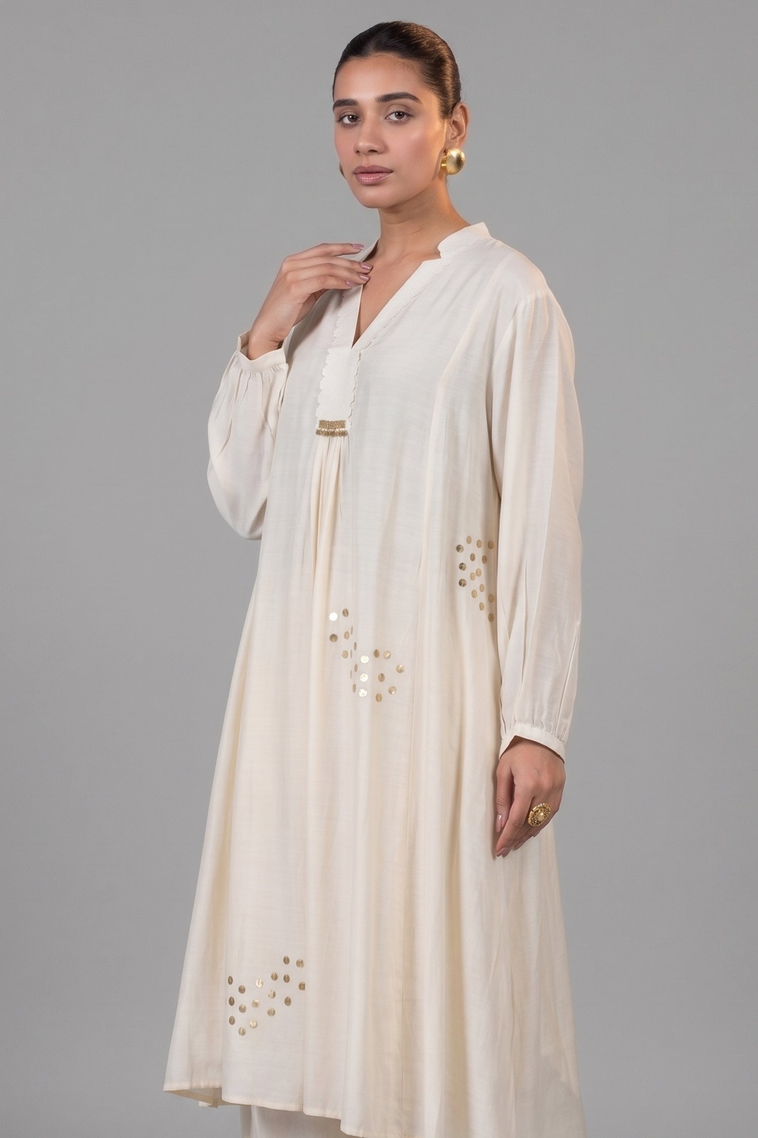 Ivory Cream Muslin Silk Co-Ord Set close up of premium fabric texture and sheen