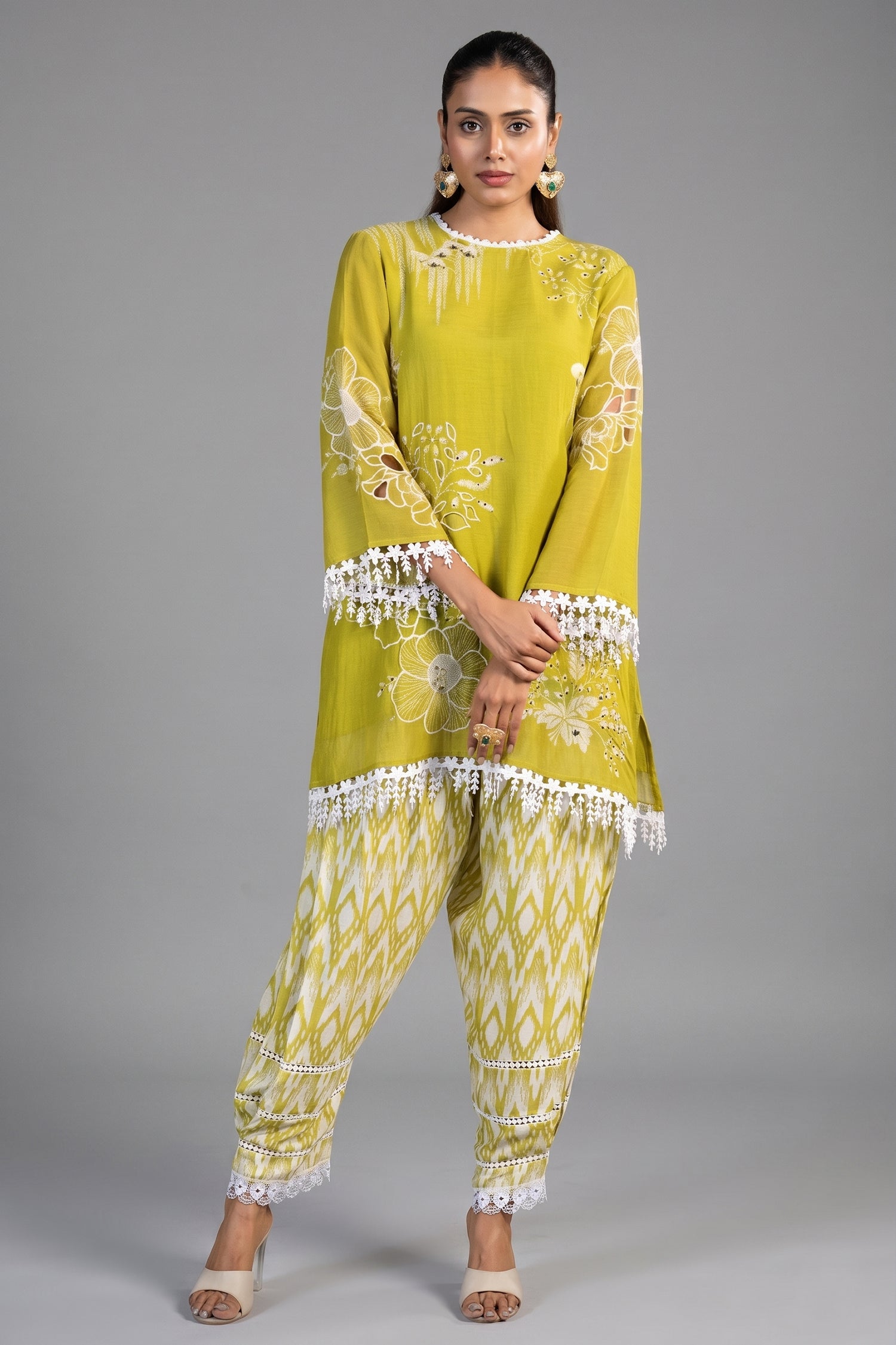 Olive Green Linen Floral Printed Co-Ord Set front view chic smart-casual wear