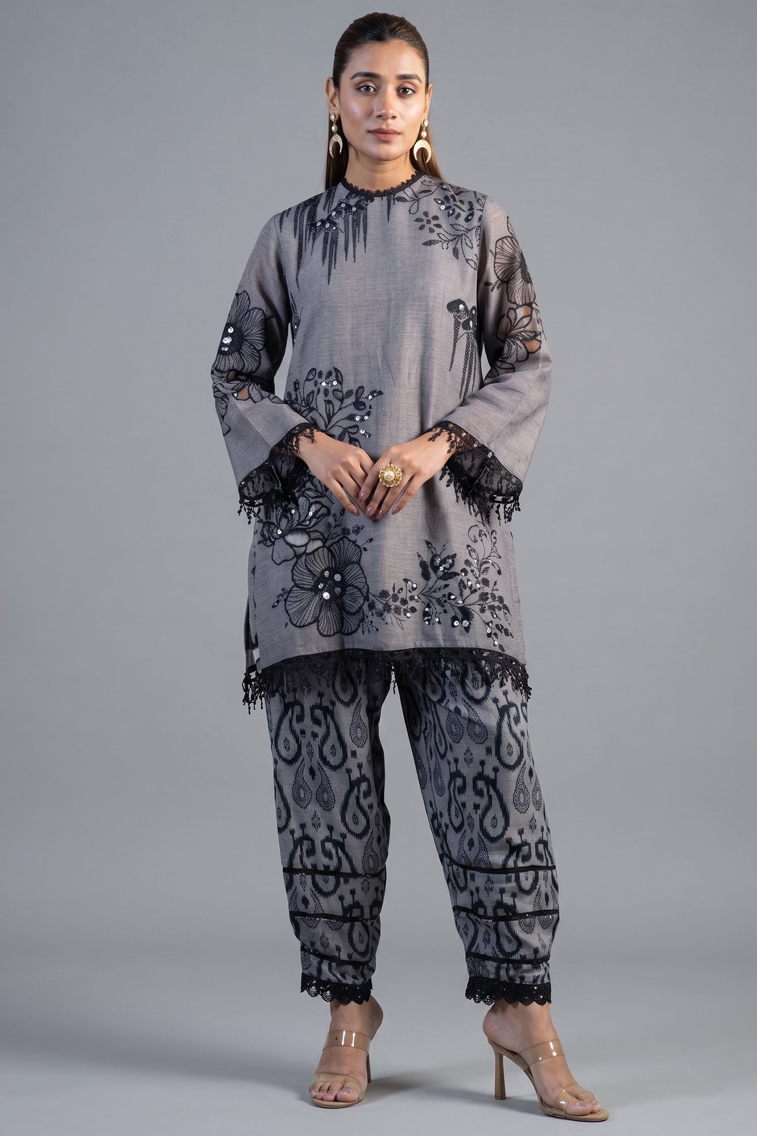 Grey Linen Floral Printed Co-Ord Set front view smart-casual wear