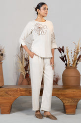 Intricate needlework and styling details of Ivory Jute Embroidered Co-Ord Set