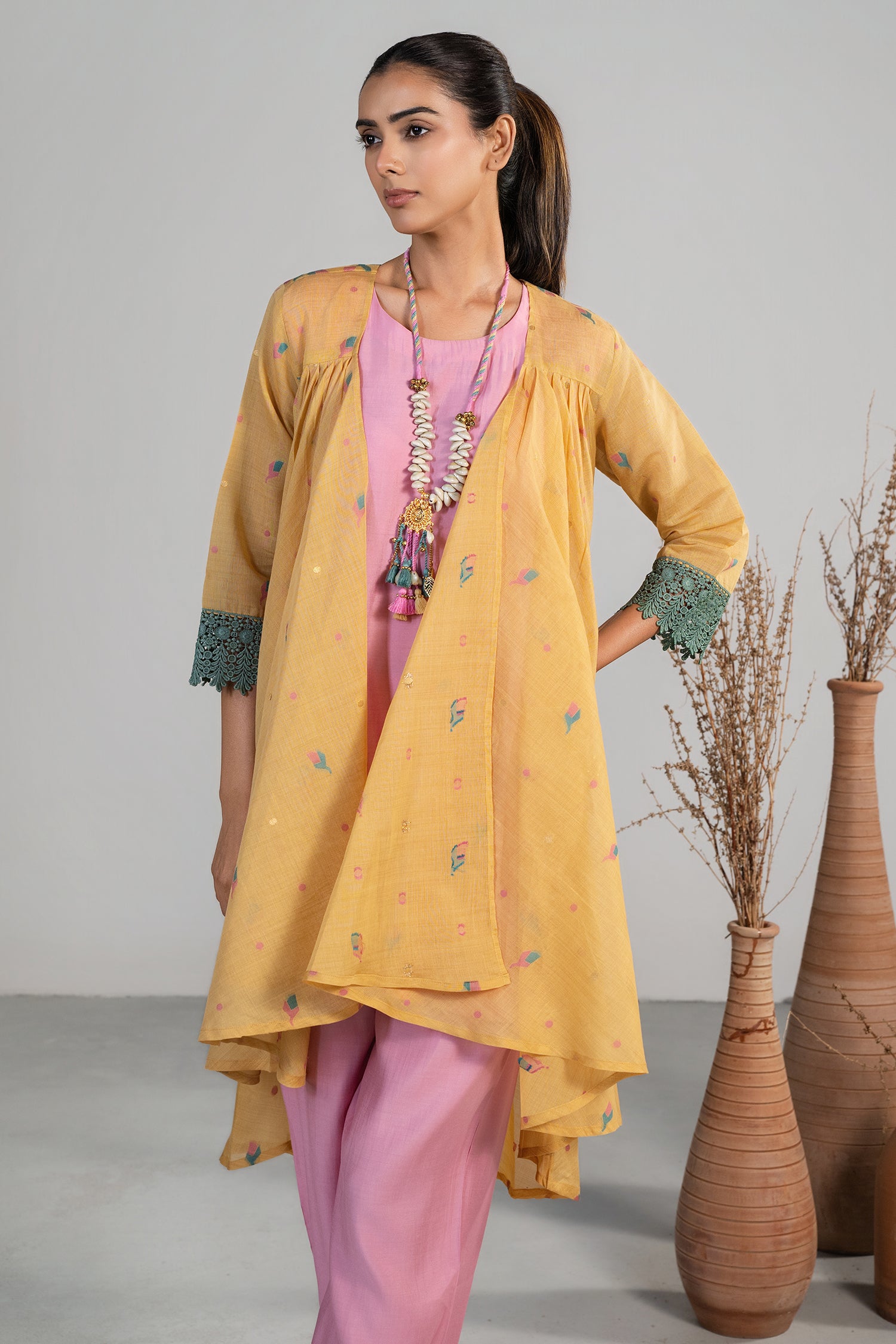Styling details of the elegant Light Pink and Orange Co-Ord Set with Jacket