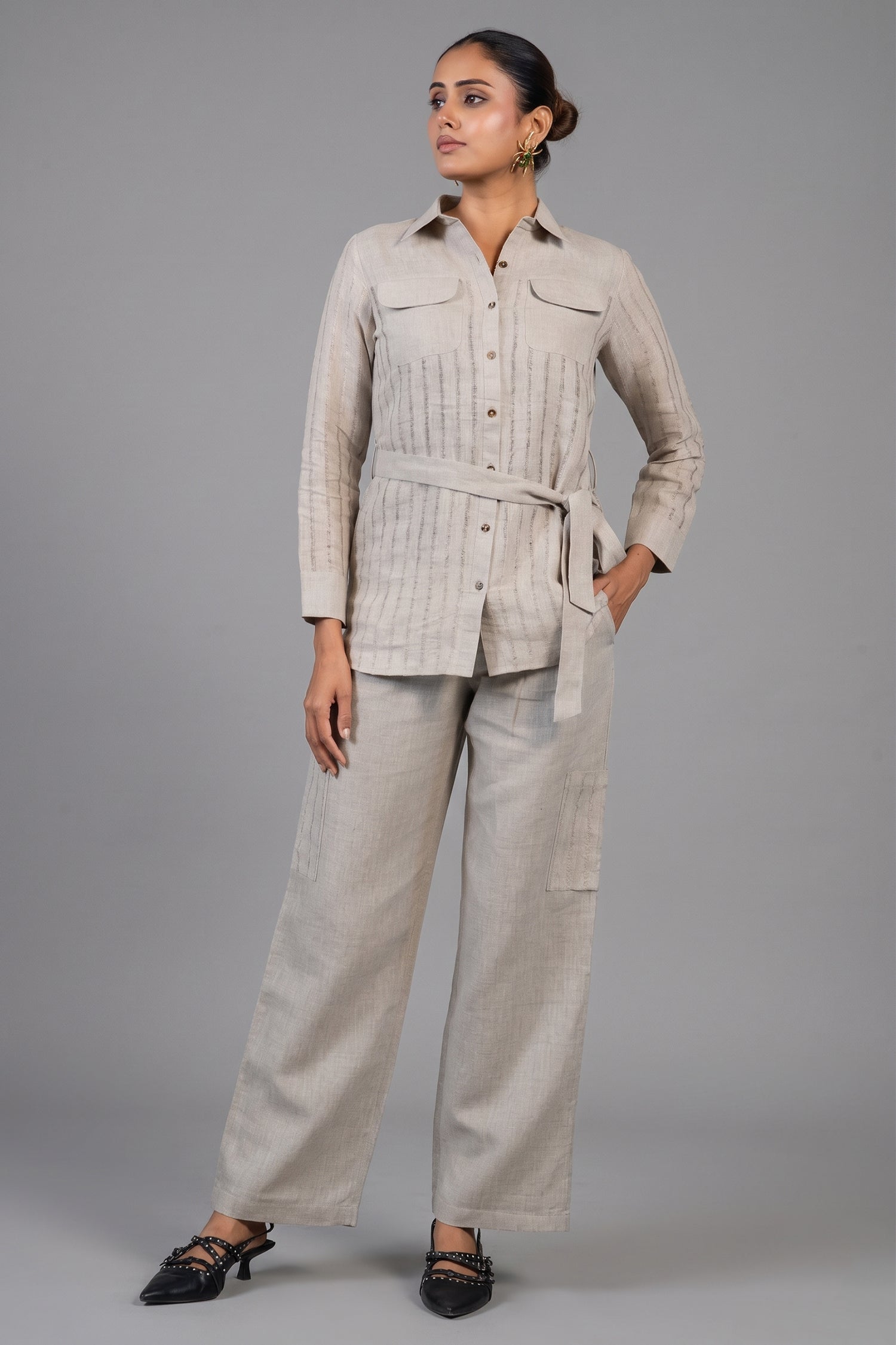 Grey Linen Co-Ord Set front view chic smart-casual wear