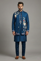 Blue Jodhpuri Kurta Set in Silk with Multi Colored Embroidery and Beads Work Jacket - red silk saree embroidery