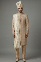 Beige Silk Embroidered Sherwani - red silk saree embroidered
