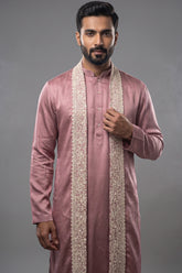 Onion Pink Silk Mirror Embroidered Kurta Pajama - red silk saree embroidered