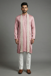 Onion Pink Silk Mirror Embroidered Kurta Pajama - red silk saree embroidered
