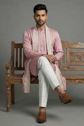 Onion Pink Silk Mirror Embroidered Kurta Pajama - red silk saree embroidered