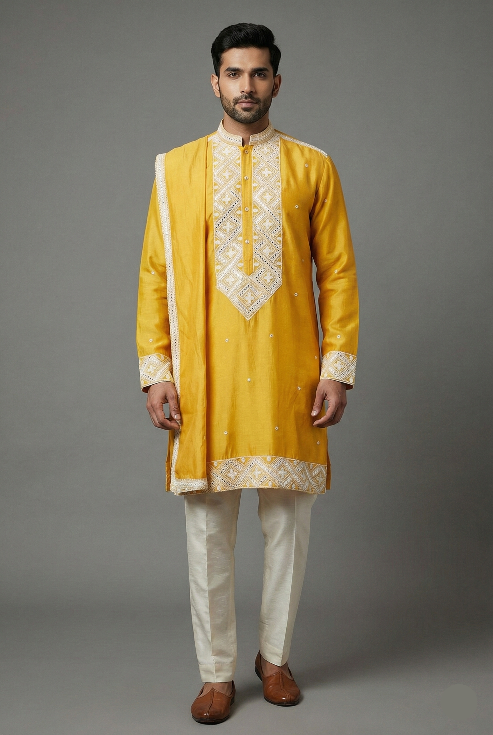 Yellow Silk Mirror Embroidered Kurta Pajama - red silk saree embroidered