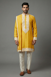 Yellow Silk Mirror Embroidered Kurta Pajama - red silk saree embroidered