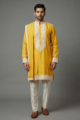 Yellow Silk Mirror Embroidered Kurta Pajama - red silk saree embroidered