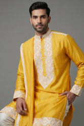 Yellow Silk Mirror Embroidered Kurta Pajama - red silk saree embroidered