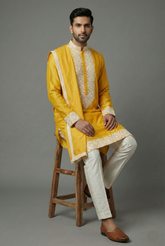 Yellow Silk Mirror Embroidered Kurta Pajama - red silk saree embroidered