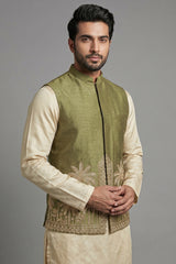 Olive Green Modal Silk Kurta Set with Zardosi Cutdana Worked Jacket - green silk saree