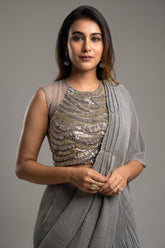 Grey Silk Heat Pleated Pre Stitched Fancy Saree - grey silk saree