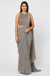 Grey Silk Heat Pleated Pre Stitched Fancy Saree