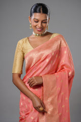 Flamingo Pink Woven Butti Saree in Muga Silk with Elephant and Peacock Motifs - pink silk saree