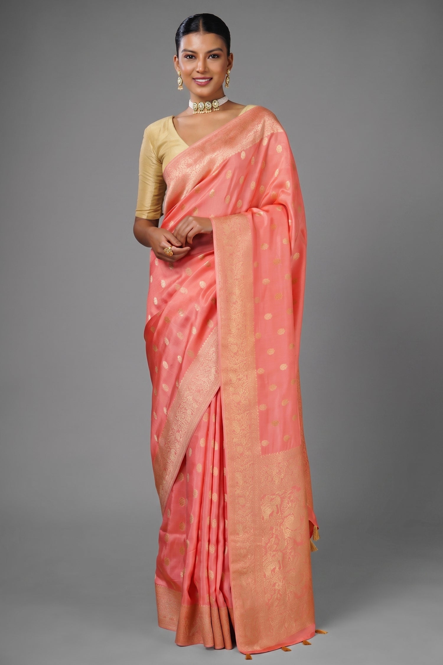 Flamingo Pink Woven Butti Saree in Muga Silk with Elephant and Peacock Motifs - pink silk saree