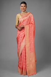 Flamingo Pink Woven Butti Saree in Muga Silk with Elephant and Peacock Motifs - pink silk saree