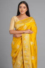Mustard Traditional Floral Woven Saree in Art Silk - mustard silk saree