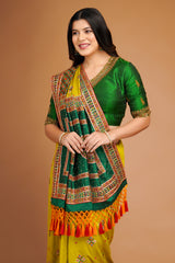 Olive Green Silk Broad Embroidered Border Saree with Tassels