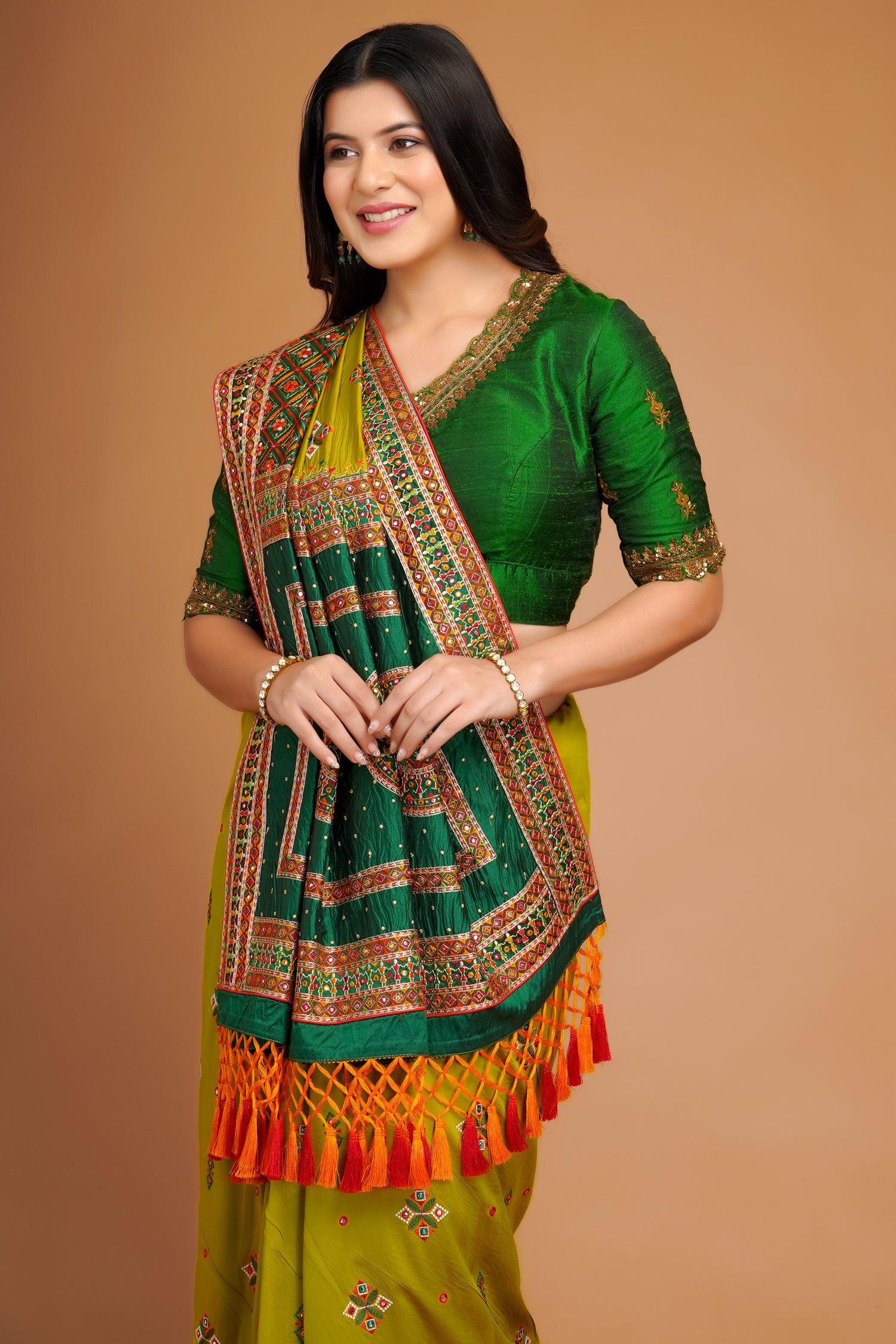 Olive Green Silk Broad Embroidered Border Saree with Tassels - red silk saree embroidered