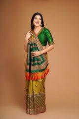 Olive Green Silk Broad Embroidered Border Saree with Tassels