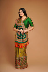 Olive Green Silk Broad Embroidered Border Saree with Tassels