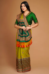 Olive Green Silk Broad Embroidered Border Saree with Tassels - red silk saree embroidered