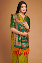 Olive Green Silk Broad Embroidered Border Saree with Tassels - red silk saree embroidered