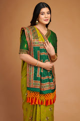 Olive Green Silk Broad Embroidered Border Saree with Tassels - red silk saree embroidered