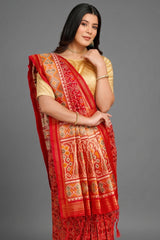 Red Traditional Patola Woven Saree in Silk - red silk saree patola
