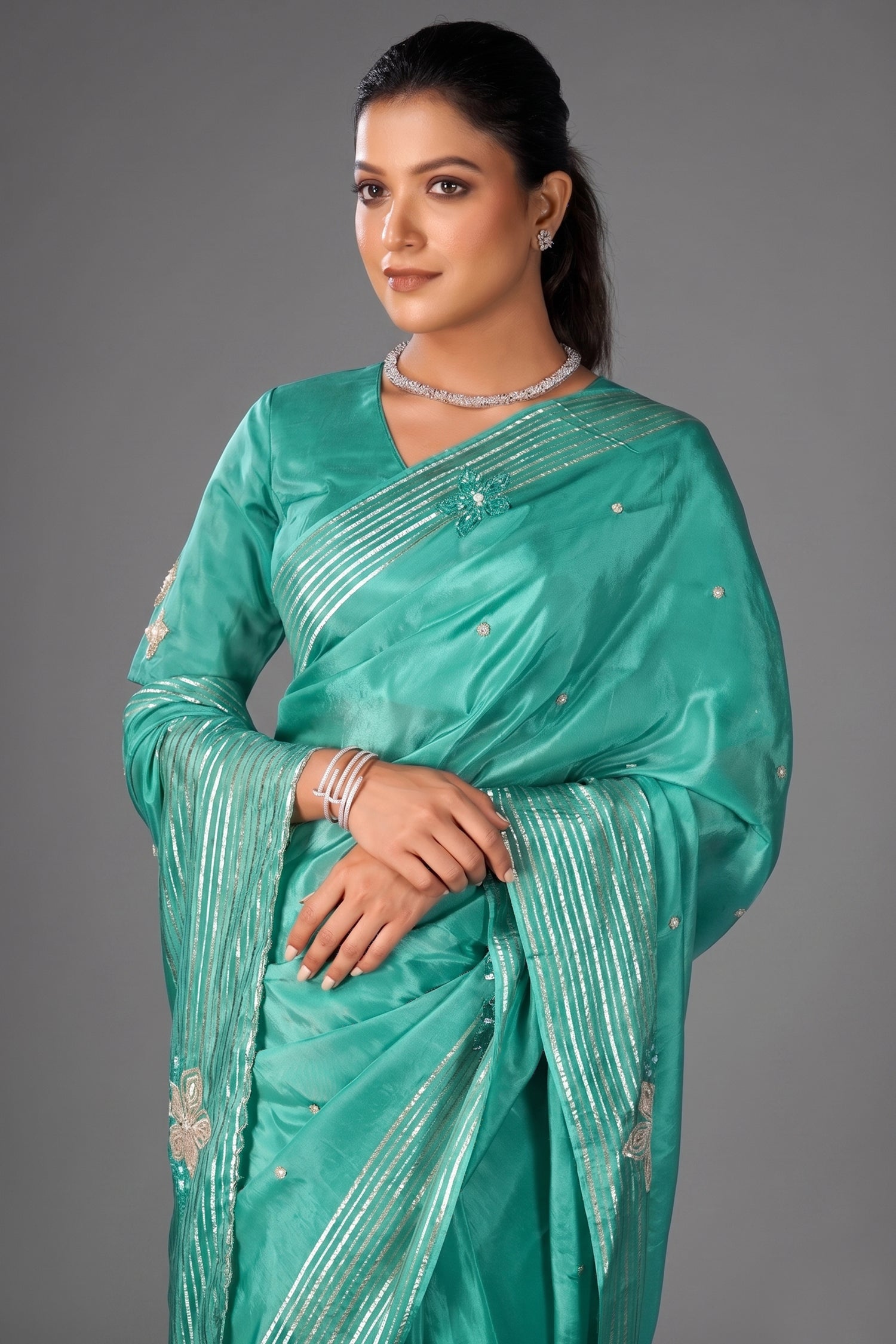 Sea Green Tissue Silk Saree with Sequin Border - green silk saree