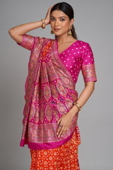 Rani Pink and Orange Bandhej Print Saree in Silk with Contrast Embroidery - orange silk saree bandhej