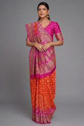 Rani Pink and Orange Bandhej Print Saree in Silk with Contrast Embroidery - orange silk saree bandhej