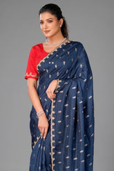 Peacock Blue Embroidery and Sequins Work Saree in Art Silk - blue silk saree embroidery