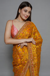 Orange Shimmer Organza Embroidered Saree - red organza saree embroidered