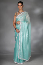 Light Blue Chiffon Organza Swarovski Worked Saree with Bead and Cutdana Lace