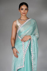 Light Blue Chiffon Organza Swarovski Worked Saree with Bead and Cutdana Lace