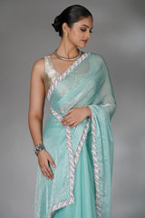Light Blue Chiffon Organza Swarovski Worked Saree with Bead and Cutdana Lace