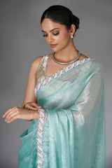 Light Blue Chiffon Organza Swarovski Worked Saree with Bead and Cutdana Lace