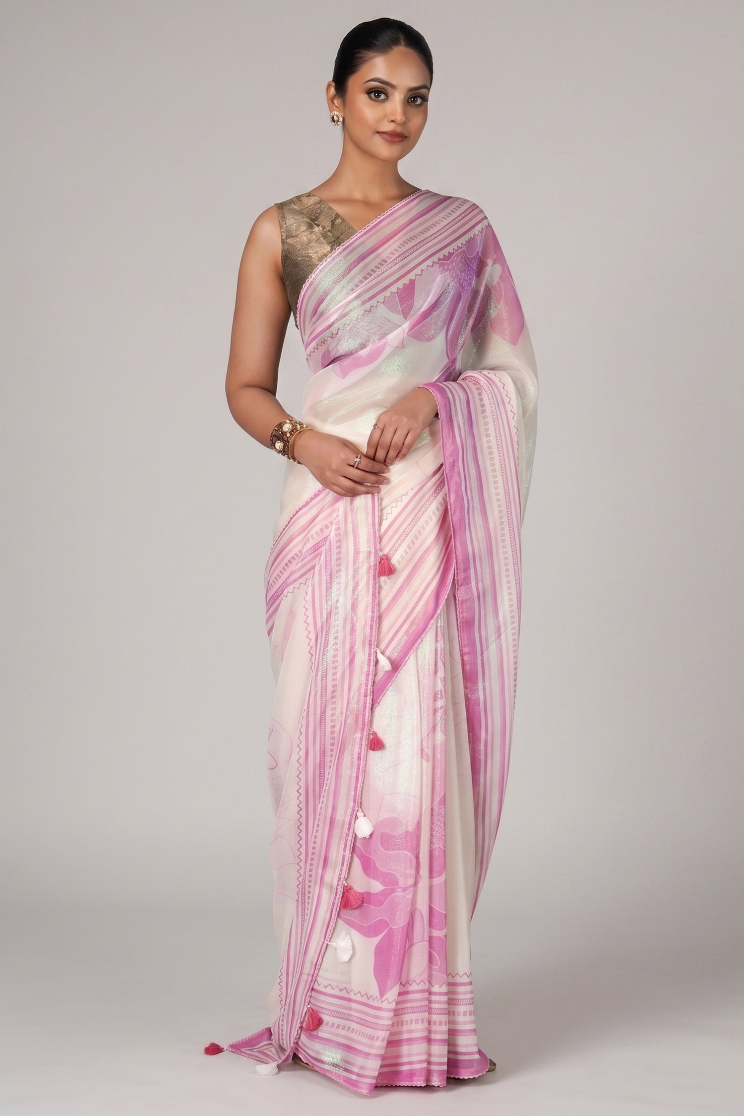 Off White and Pink Shimmer Floral Printed Saree with Green Highlights - green saree