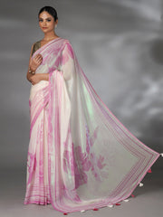 Off White and Pink Shimmer Floral Printed Saree with Green Highlights
