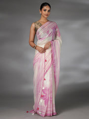 Off White and Pink Shimmer Floral Printed Saree with Green Highlights