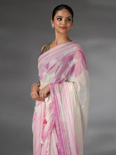 Off White and Pink Shimmer Floral Printed Saree with Green Highlights - green saree