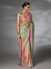 Green Shimmer Floral Printed Saree with Highlights