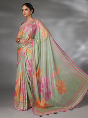 Green Shimmer Floral Printed Saree with Highlights