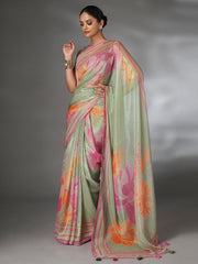 Green Shimmer Floral Printed Saree with Highlights