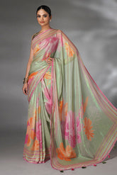Green Shimmer Floral Printed Saree with Highlights