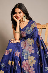 Blue Tussar Art Silk Saree with Floral Thread Embroidery